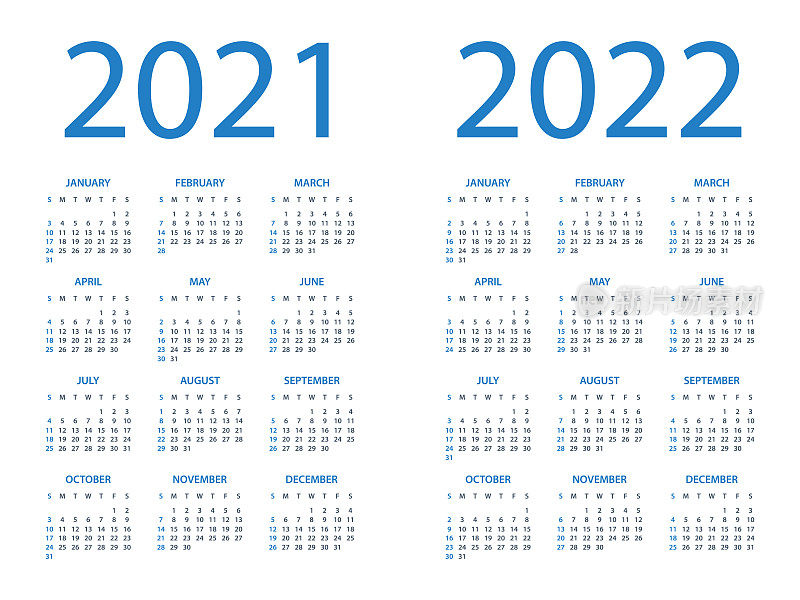 日历2021 2022 -简单的布局插图。星期从星期天开始。2021年至2022年